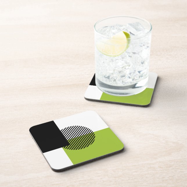 Modern Colour Block Striped Circle Lime Green Blac Coaster (Right Side)