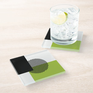 Modern Colour Block Striped Circle Lime Green Blac Glass Coaster
