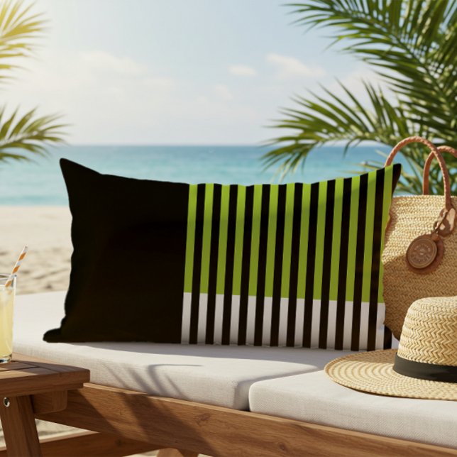 Modern Colour Block Striped Lime Green Black White Lumbar Cushion (Creator Uploaded)