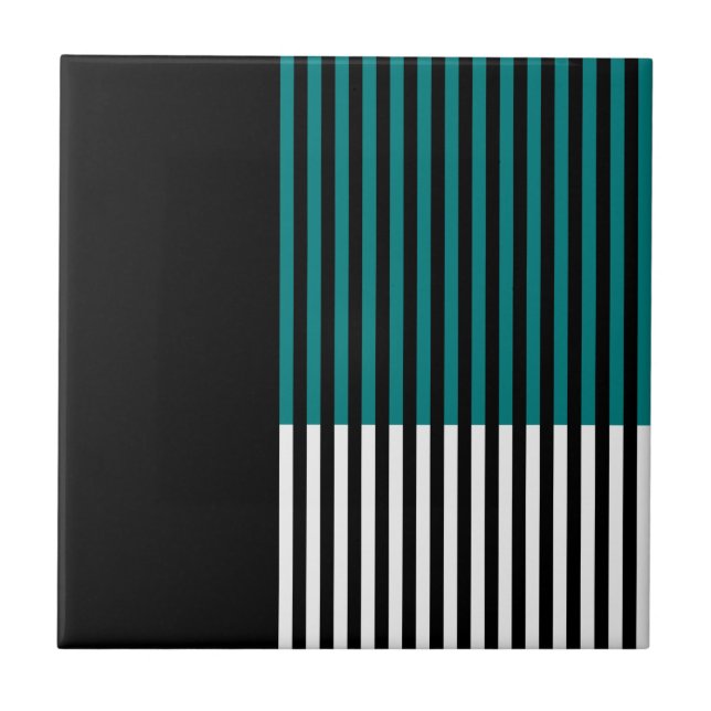 Modern Colour Block Striped Teal Black White Ceramic Tile (Front)