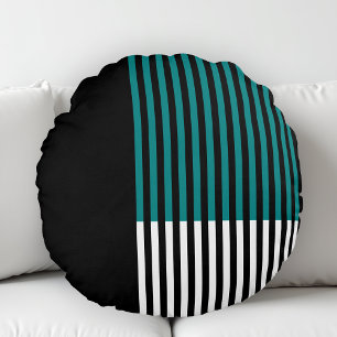 Modern Colour Block Striped Teal Black White Round Cushion