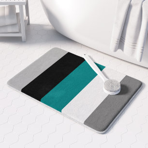 Modern Colour Block Stripes Teal Blue Grey Black Bath Mat