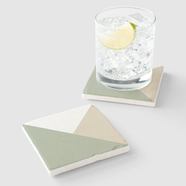 Modern Colour Block Triangles Sage Green Beige Stone Coaster (Side)