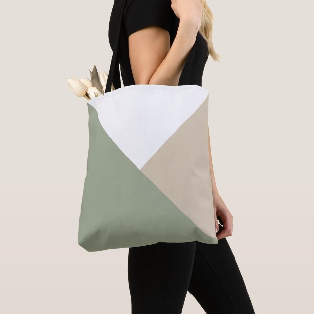 Modern Colour Block Triangles Sage Green Beige Tote Bag (Close Up)