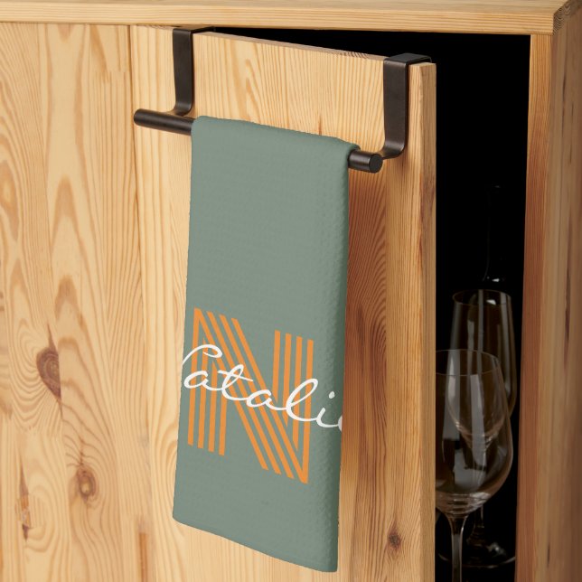 Modern colour smoke green monogram initial script tea towel (Thirds Fold)