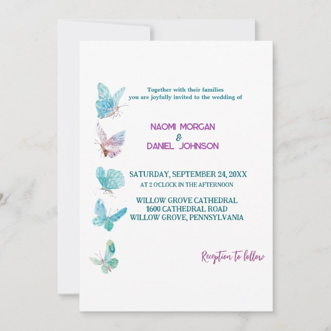Modern Coloured Butterflies Wedding Invitation (Front)