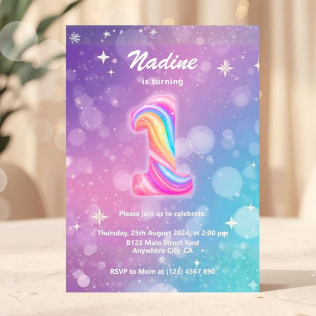 Modern Colourful 1st Birthday Rainbow Foil Invitation (1st Birthday Invitation, Girl Pink Pastel, First Birthday, Number 1, Party Invite, Pink Purple Glitt)