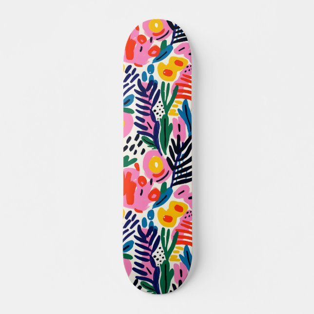 Modern Colourful Abstract Floral Pattern Skateboard (Front)