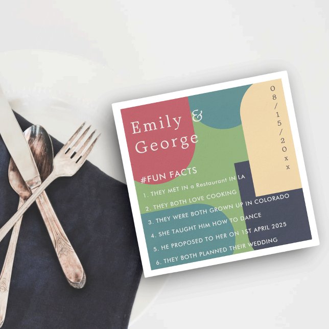Modern Colourful Abstract Groovy Fun Facts Wedding Napkin (Creator Uploaded)