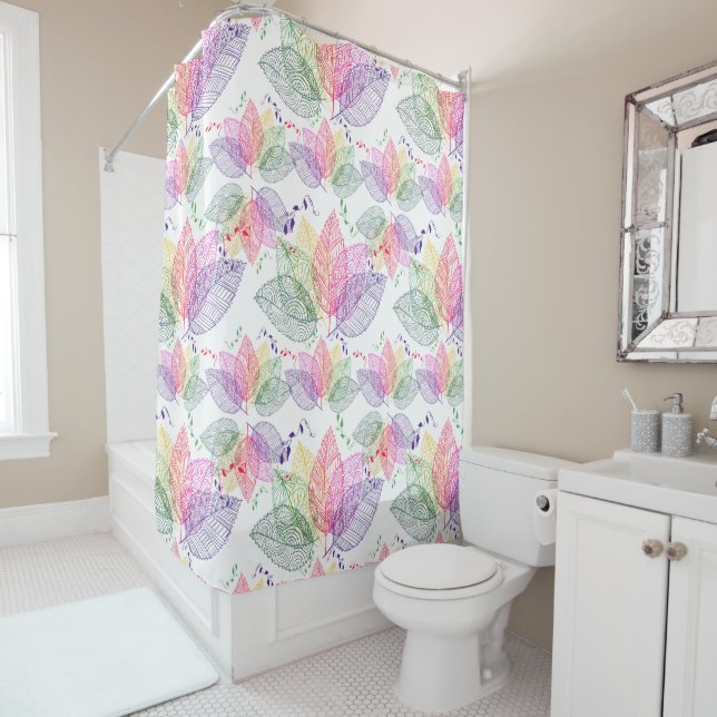 Modern Colourful Abstract Leafs Pattern Shower Curtain (In Situ)