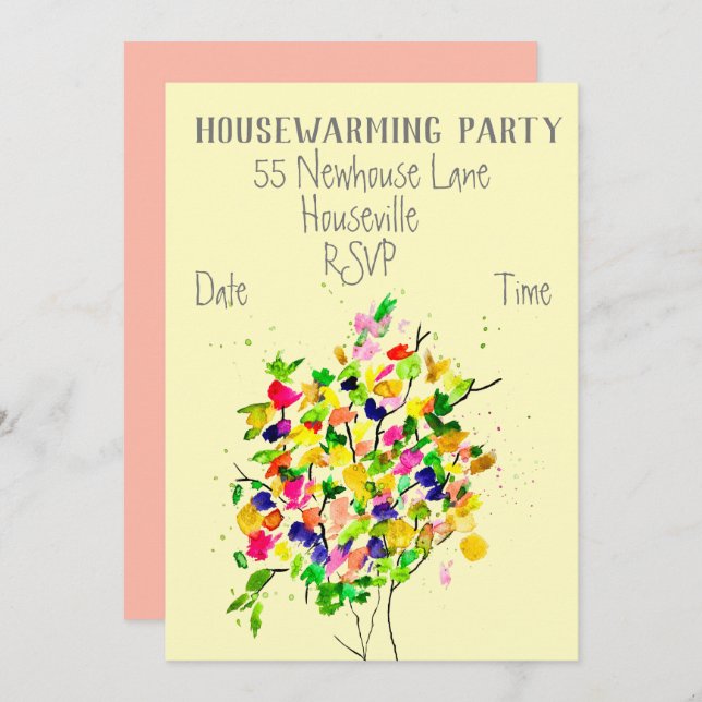 Modern colourful art tree housewarming party invitation (Front/Back)