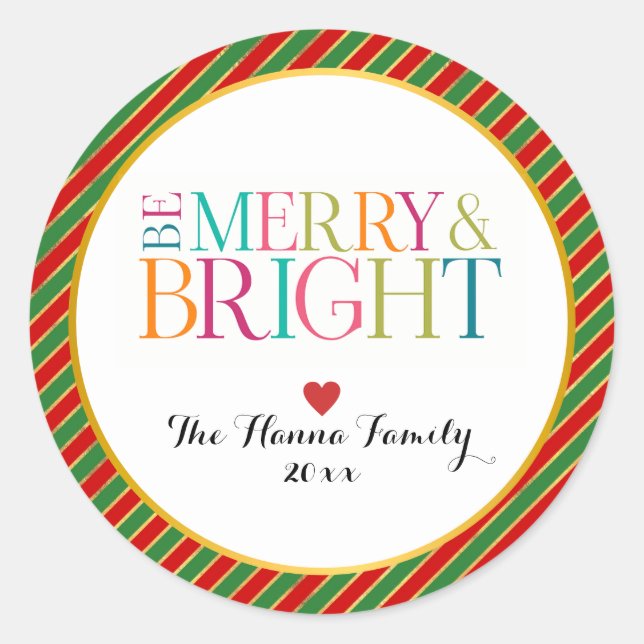 Modern Colourful Be Merry & Bright Christmas Seaso Classic Round Sticker (Front)