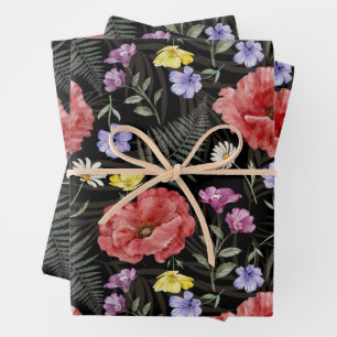 Modern Colourful & Black Wildflower Pattern  Wrapping Paper Sheet