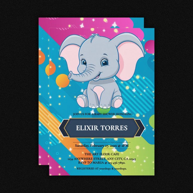 Modern Colourful Blue Elephant Baby Shower Invitation (Creator Uploaded)
