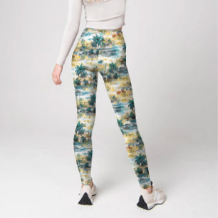 Modern Colourful Blue Yellow Tropical Hawaii Islan Leggings