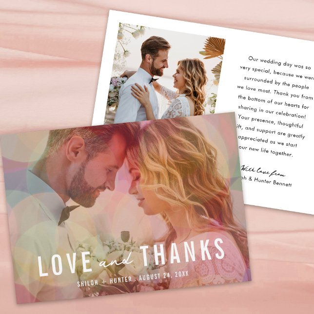 Modern Colourful Bokeh Overlay Photo Wedding Thank You Card (Creator Uploaded)