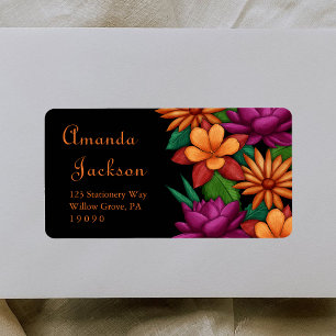 Modern Colourful Bold Vibrant Flowers Black Addres Label