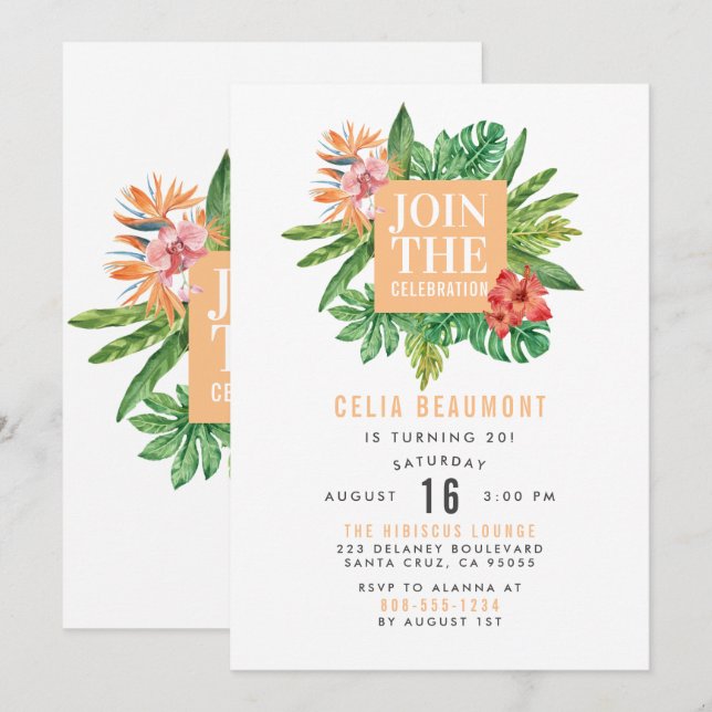 Modern Colourful Botanical Tropical Birthday Party Invitation (Front/Back)