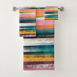 Modern Colourful Brush Strokes Stripes Oil Paint Bath Towel Set