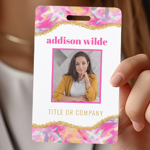 Modern Colourful Brushstrokes Gold Chic Business I ID Badge