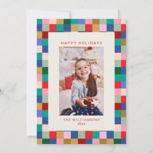 Modern Colourful Chequered Border Family Photo Holiday Card