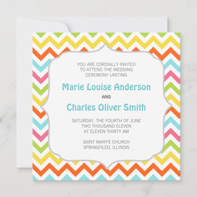 Modern Colourful Chevron Zigzag Wedding Invitation (Front)