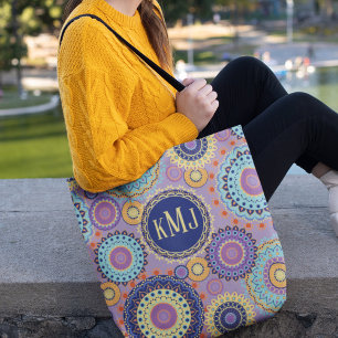 Modern Colourful Chic Monogrammed Mandala Pattern Tote Bag