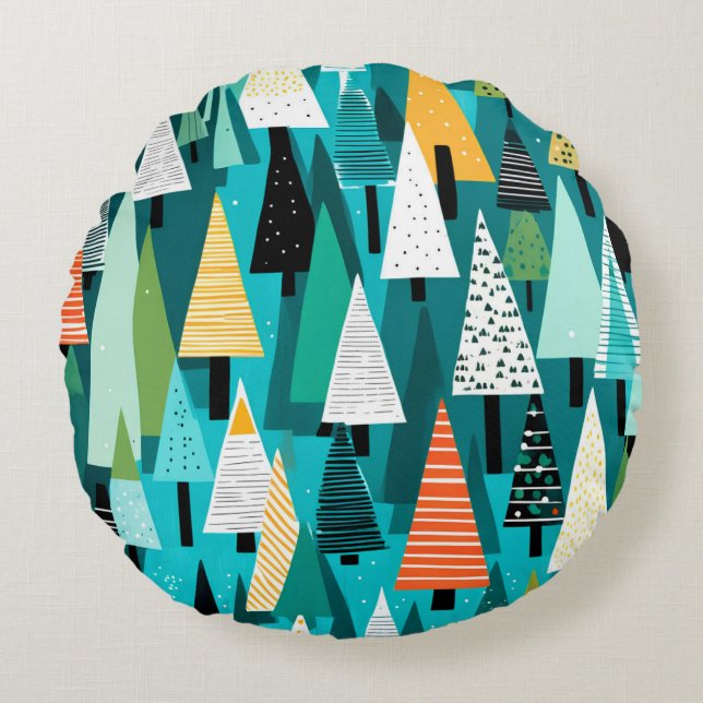 Modern colourful Christmas tree pattern  Round Cushion (Front)