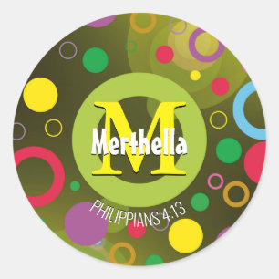 Modern Colourful Circles Monogram Customised GREEN Classic Round Sticker