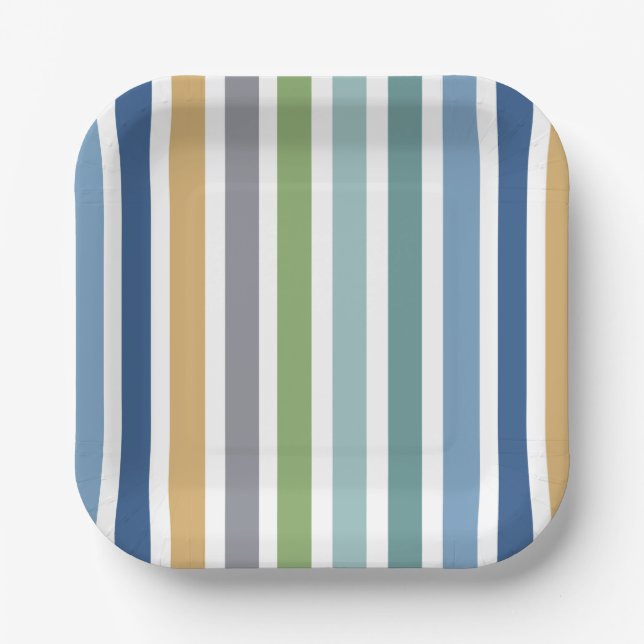 Modern Colourful Coastal Beach House Stripes Party Paper Plate (Front)
