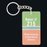 Modern Colourful Custom Hotel Room Keychain<br><div class="desc">Stylish hotel,  motel room key chain done in a modern colour block of light green and pale orange,  with a grey and aqua band,  across the middle.  Personalise the white text to suit your resort's needs.</div>
