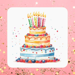 Modern Colourful Cute Birthday Cake Square Sticker