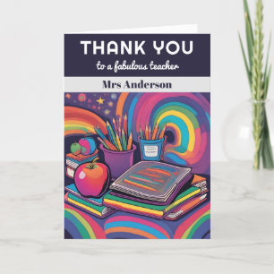 Modern Colourful Desk Personalised Name Teacher Thank You Card