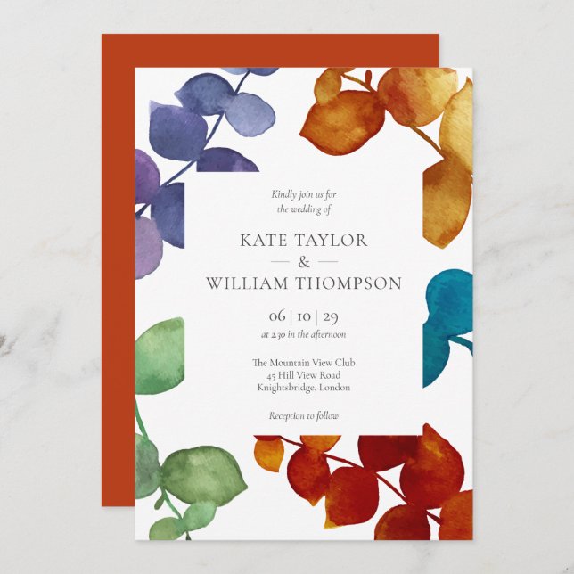 Modern Colourful Eucalyptus Leaves Floral Wedding Invitation (Front/Back)