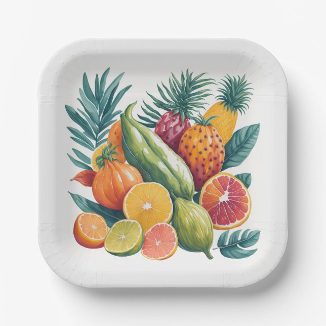 Modern Colourful Exotic Tropical Fruit Summer Part Paper Plate (Front)