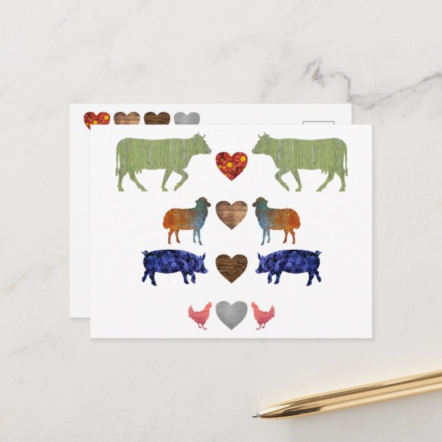 Modern Colourful Farm Animals Heart Silhouette  Postcard (Front/Back In Situ)