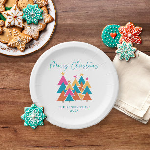 Modern Colourful Festive Christmas Trees Typograph Paper Plate