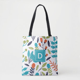 Modern Colourful Floral + Foliage Pattern Monogram Tote Bag