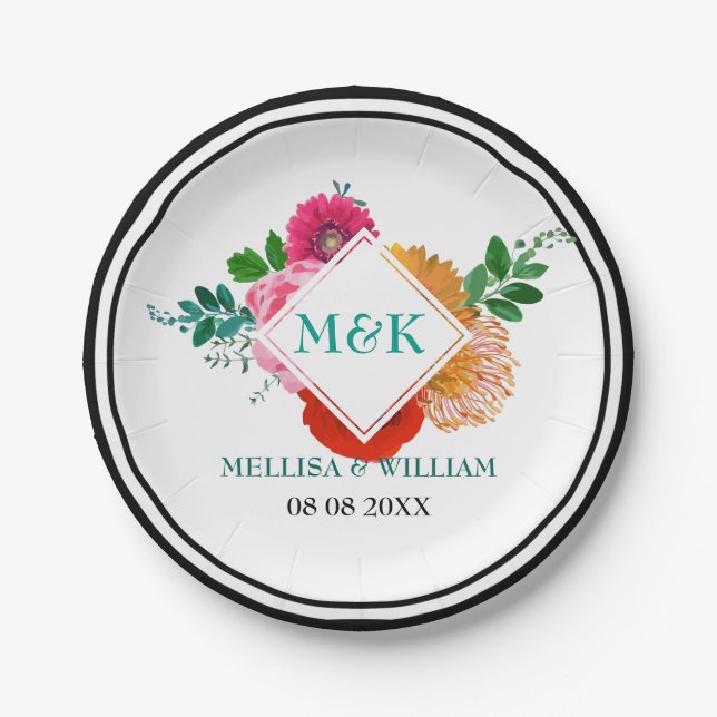 Modern Colourful Floral Illustration Wedding Paper Plate (Front)