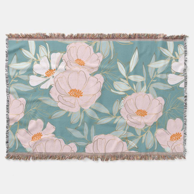 Modern colourful floral pattern blue background throw blanket (Front)
