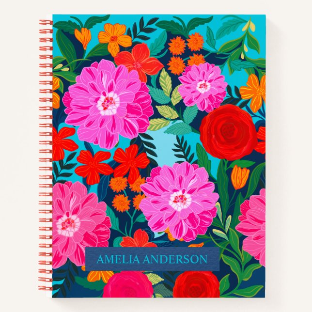 Modern Colourful floral personalised name  Notebook (Front)