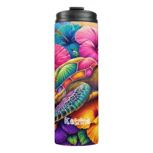 Modern Colourful Floral Turtle Personalised Name Thermal Tumbler