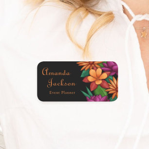 Modern Colourful Flowers Black Employee Name Tag