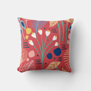Modern Colourful Foliage Floral Pattern Red Cushion