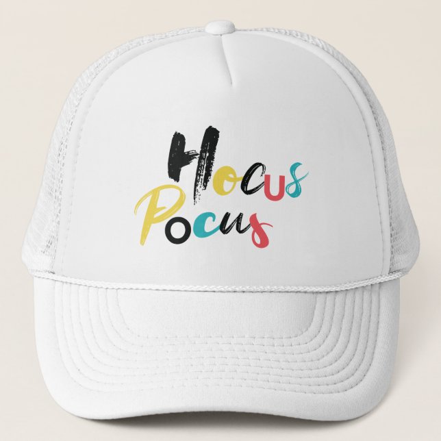 Modern, colourful, fun, cool, trendy Hocus Pocus Trucker Hat (Front)
