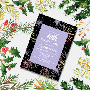 Modern Colourful Fun Fireworks Black Birthday  Invitation