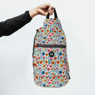 Modern Colourful Garden Floral Pattern Monogram Sling Bag