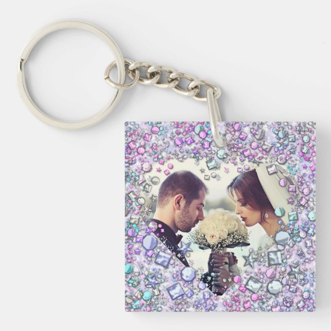 Modern Colourful Gems Heart Shaped Keepsake Key Ring (Front)
