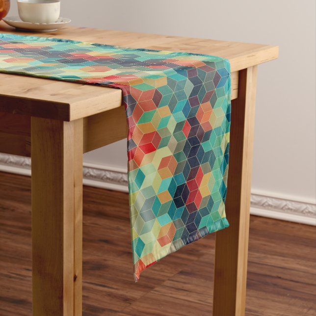 Modern Colourful Geometric Cubes Short Table Runner (In Situ)