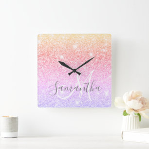Modern Colourful Glitter Sparkles Personalised Nam Square Wall Clock